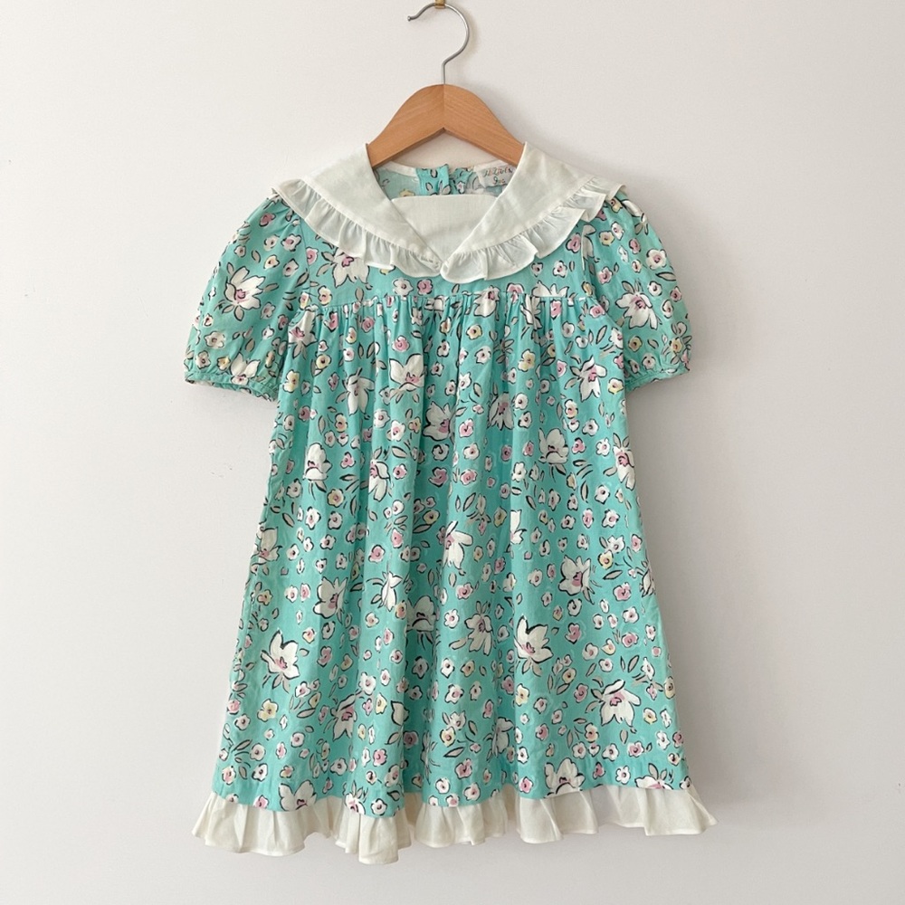 VINTAGE Hi-Girls Inc Aqua Floral Peter Pan Collar Heirloom Spring Easter Dress